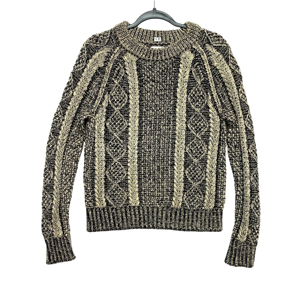 LL Bean Signature Sweater Womens Size S Black Cream Cable Knit Pullover Knit